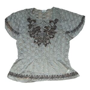 Womens‎ XL Vintage Wrangler Floral Lace Sheer Peasant Cinched Waist Top